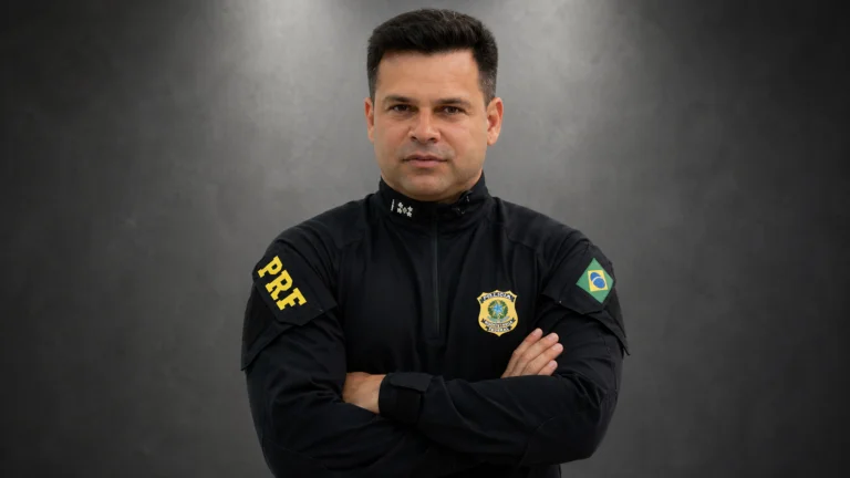 Montagem editorial com agente da Polícia Rodoviária Federal