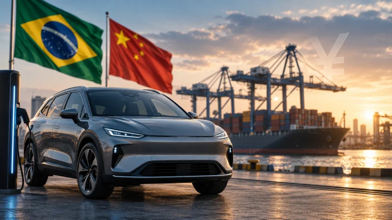 Carro elétrico em porto com bandeiras do Brasil e da China simboliza expansão econômica chinesa no país