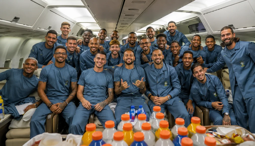 Jogadores da Seleção Brasileira durante viagem para a Copa do Mundo de 2026