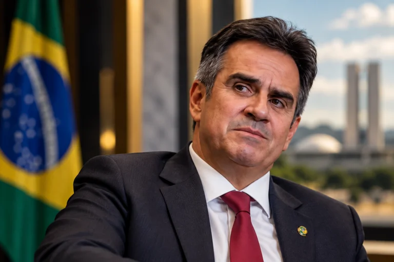 Ciro Nogueira em composição editorial com a bandeira do Brasil e o Congresso Nacional ao fundo.