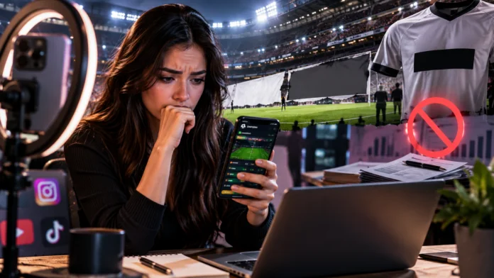 Influenciadora diante de aplicativo de apostas com estádio de futebol ao fundo