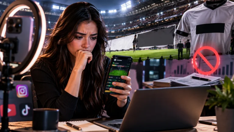 Influenciadora diante de aplicativo de apostas com estádio de futebol ao fundo