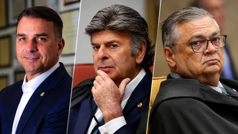 Montagem reúne Flávio Bolsonaro e os ministros Luiz Fux e Flávio Dino em meio à disputa judicial envolvendo decisões do STF e do TSE.