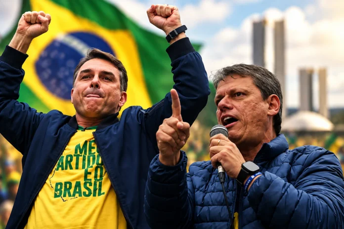 Flávio Bolsonaro com os braços erguidos e Tarcísio de Freitas discursando com o dedo indicador levantado, em composição ilustrativa sobre as eleições de 2026.