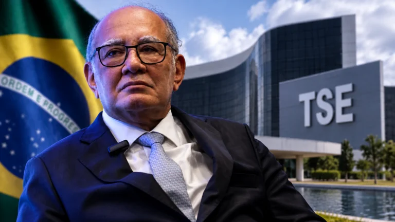 Gilmar Mendes diante do Tribunal Superior Eleitoral em composição editorial sobre Justiça Eleitoral
