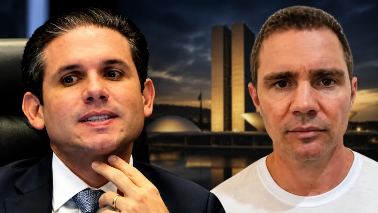 Hugo Motta e Daniel Vorcaro em composição editorial sobre mensagens reveladas no caso Banco Master.