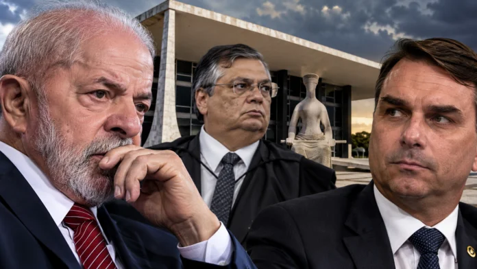Lula, Flávio Dino e Flávio Bolsonaro em composição sobre disputa eleitoral no STF