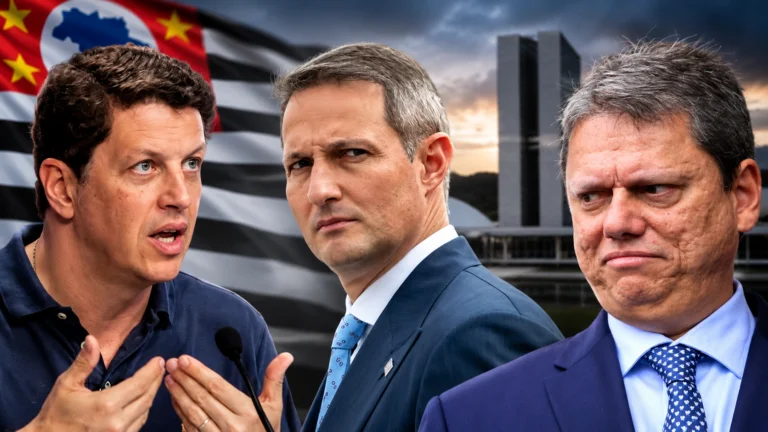 Montagem ilustrativa reúne Ricardo Salles, Tarcísio de Freitas e André do Prado, com a bandeira de São Paulo ao fundo.