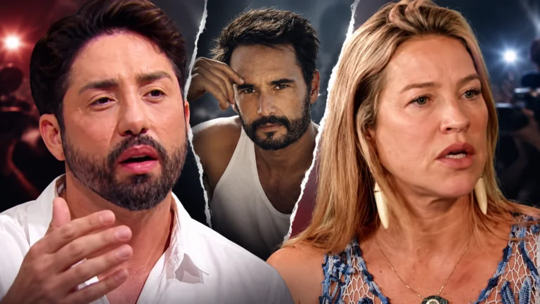Rico Melquiades, Rodrigo Santoro e Luana Piovani em montagem editorial sobre troca de acusações nas redes
