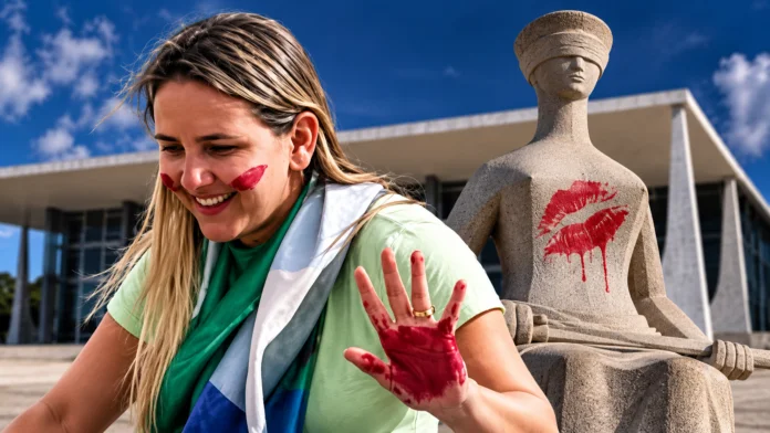 Composição editorial de Débora do Batom diante da estátua da Justiça para matéria sobre progressão ao regime semiaberto