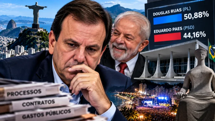 Montagem ilustrativa de Eduardo Paes e Lula com cenário do Rio de Janeiro e gráfico eleitoral.