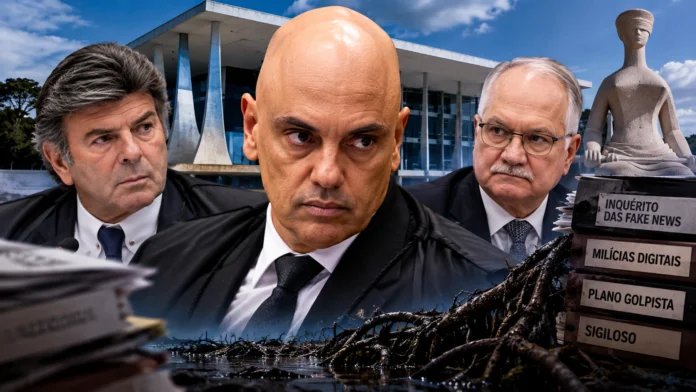 Alexandre de Moraes, Luiz Fux e Edson Fachin em ilustração sobre a crise institucional no STF.