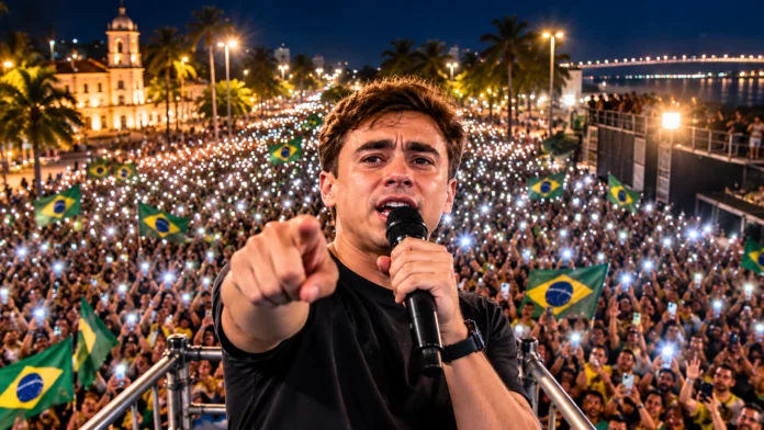 Ilustração de Nikolas Ferreira diante de multidão com bandeiras do Brasil e luzes de celulares em Aracaju.