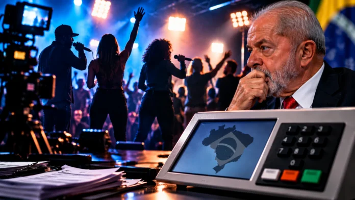Ilustração editorial com Lula, artistas em apresentação musical e urna eletrônica sobre a campanha Vira Voto.