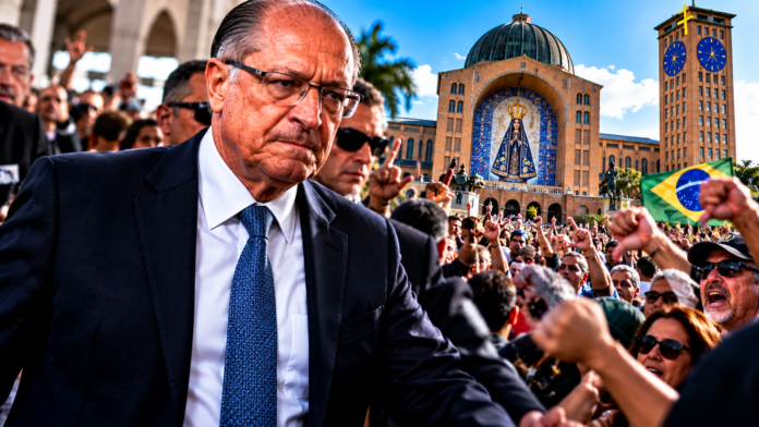 Ilustração de Geraldo Alckmin diante de manifestantes e do Santuário Nacional de Aparecida.